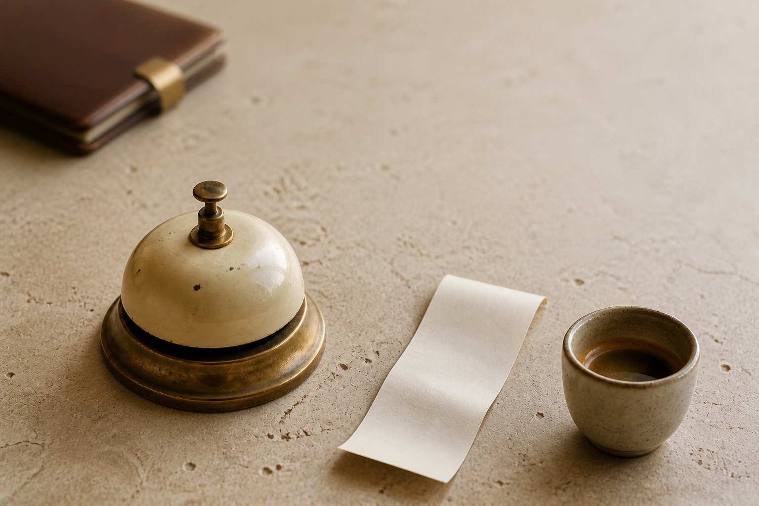 Campainha de balcão, recibo em branco e espresso sobre travertino