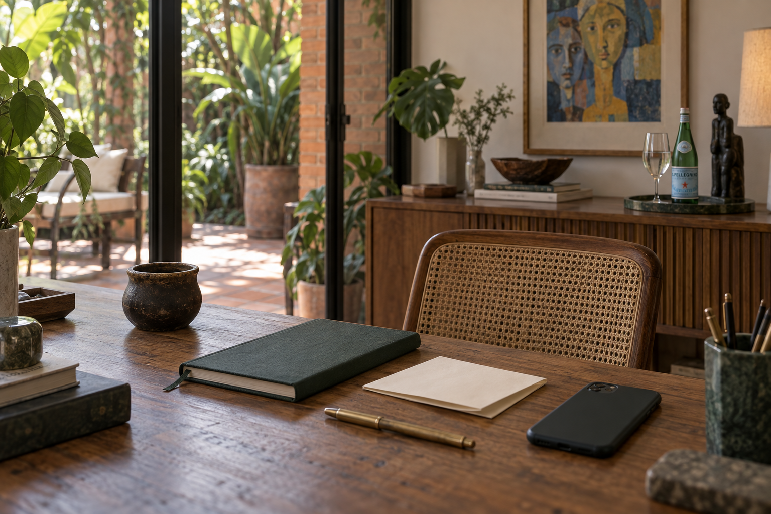 Mesa de trabajo imaginada frente a un patio de ambiente paraguayo: cuaderno verde, teléfono boca abajo, papel sin escritura y cerámica; cuadro, botella de agua y copa al fondo.