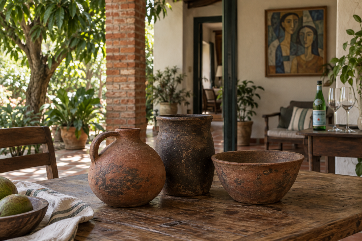 Escena conceptual de una galería de ambiente paraguayo: tres vasijas de arcilla sobre una mesa de madera, ladrillo, vegetación y un cuadro al fondo.