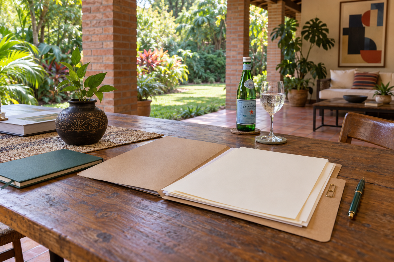 Pasta com folhas em branco sobre uma mesa de madeira, com cerâmica e jardim em uma varanda paraguaia imaginada.