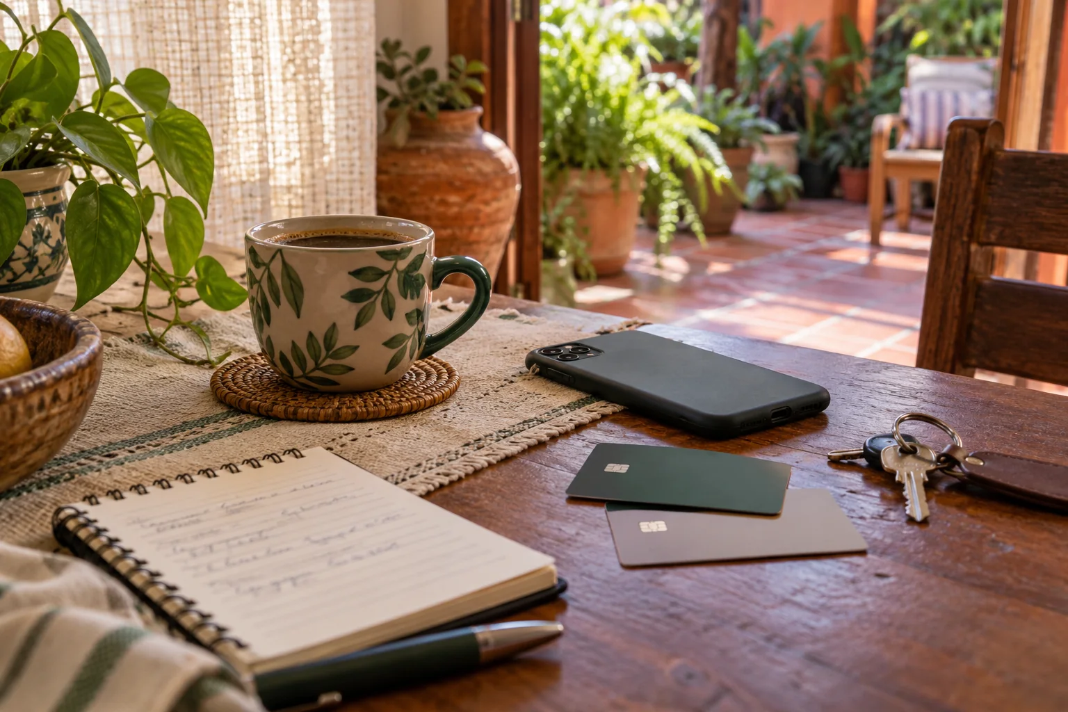 Caderno de despesas, dois cartões sem dados, celular e xícara em uma cozinha paraguaia imaginada.