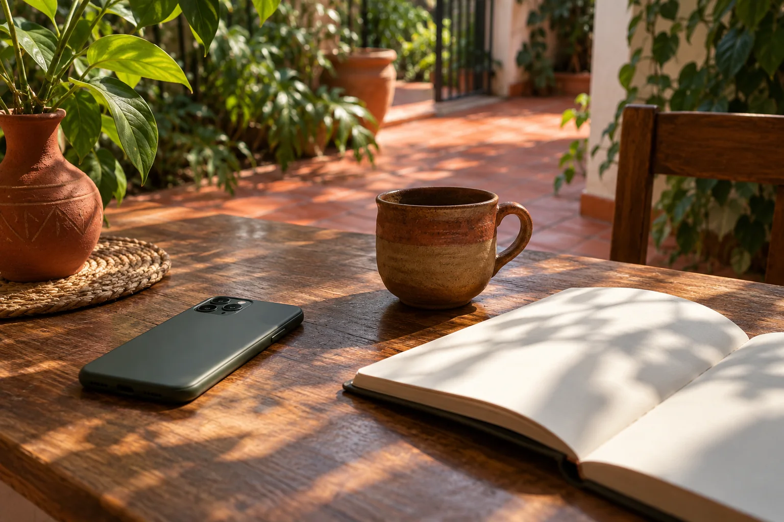 Celular virado para baixo, caderno e xícara de cerâmica sobre uma mesa em um pátio paraguaio imaginado.