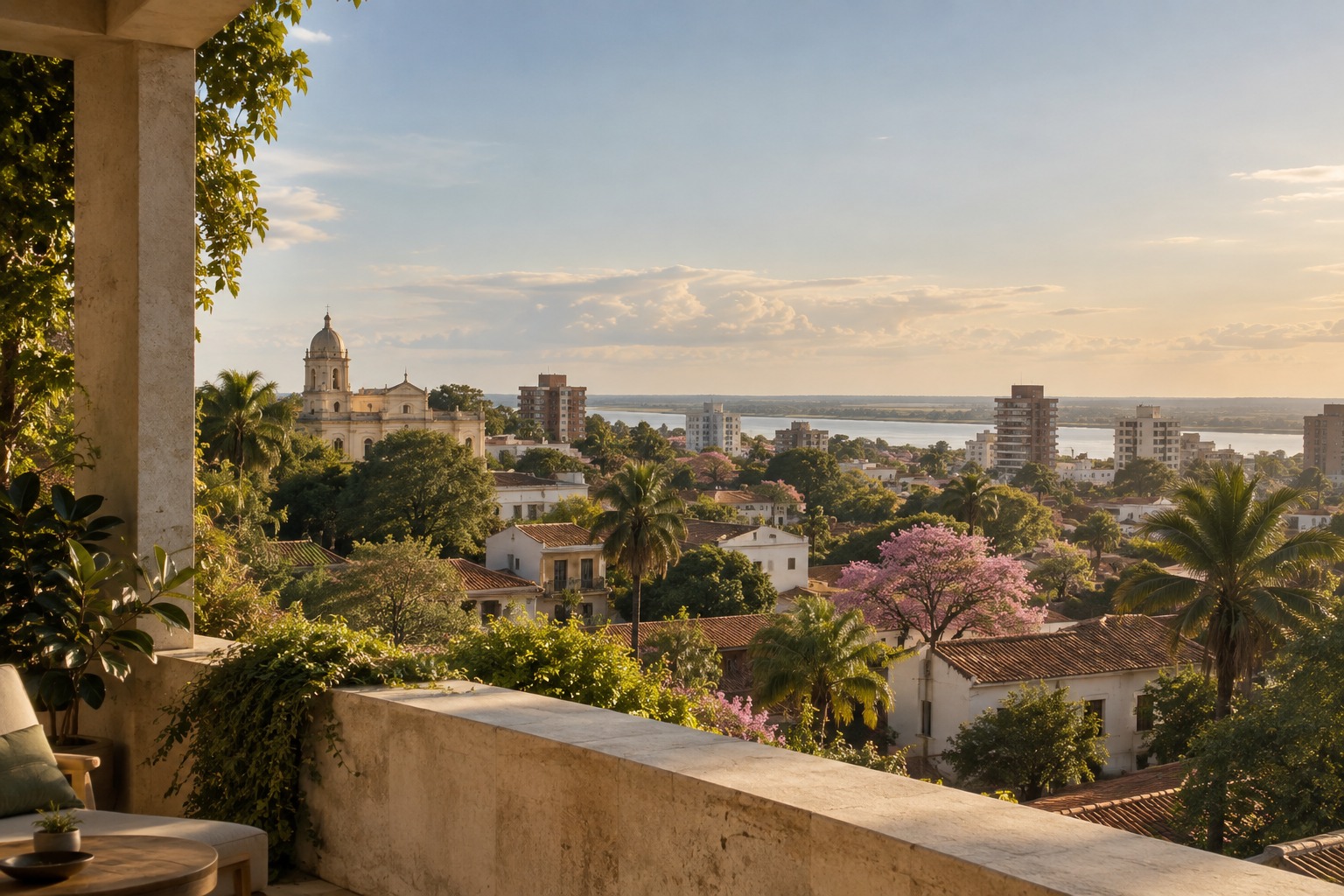 Paisaje urbano imaginado, inspirado en Asunción, visto desde una terraza entre árboles y edificios. Imagen conceptual generada con IA.